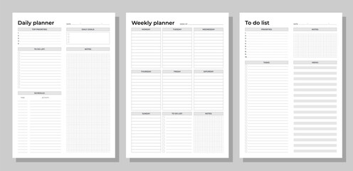 Planners set. Daily, weekly, to do list. Blank white notebook page A4.