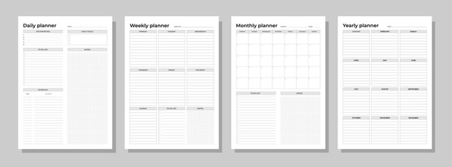 Planners set. Daily, weekly, monthly, yearly. Blank white notebook page A4.