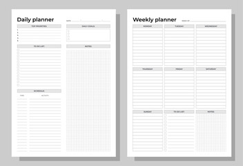 Planners set. Daily and weekly planners. Blank white notebook page A4.