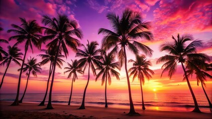 Obraz premium Coconut palm trees silhouettes on tropical ocean beach at vivid pink colorful sunset, coconut palm trees, silhouettes