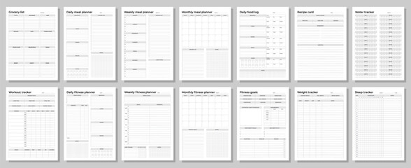 Fitness and meal planners set. Daily, weekly, monthly, workout tracker, fitness goals, weight tracker, daily food log, grocery list, recipe card.