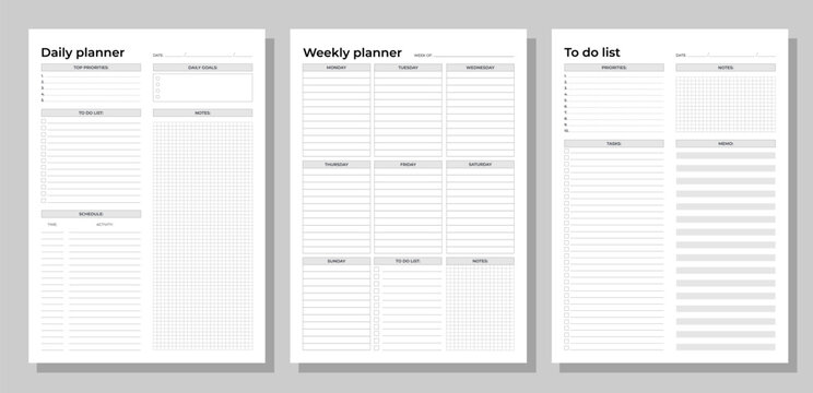 Planners set. Daily, weekly, to do list. Blank white notebook page A4.