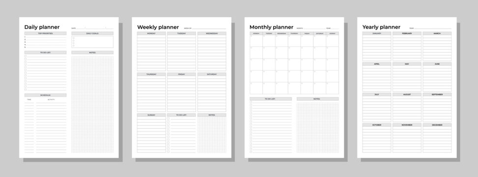 Planners set. Daily, weekly, monthly, yearly. Blank white notebook page A4.