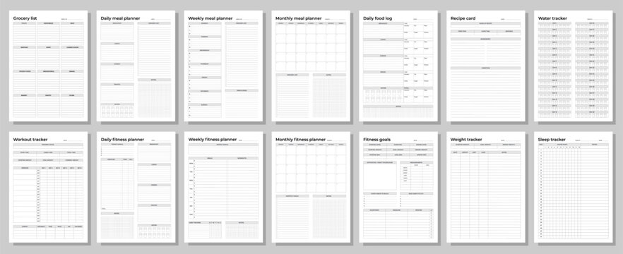 Fitness and meal planners set. Daily, weekly, monthly, workout tracker, fitness goals, weight tracker, daily food log, grocery list, recipe card.