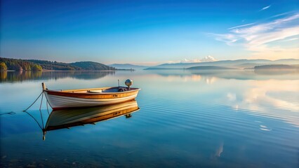 Fototapeta premium Boat floating peacefully in the calm waters of a lake, serene, reflection, tranquil, watercraft, nautical, peaceful, stillness