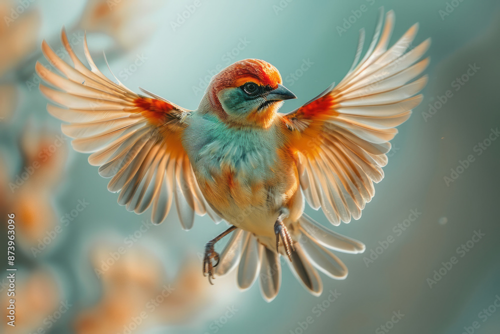 Poster macro shot of a bird in flight, with its wings turning into a gradient of colors, leaving an empty c