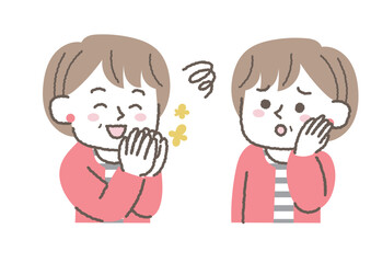 喜んでいる女性と不安を感じている女性のセット
