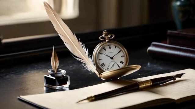 An antique pocket watch with an ornate design lying open on a dark, wooden desk next to a feather quill pen and an inkwell.