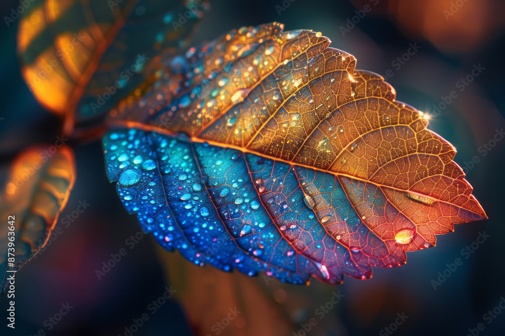 Poster macro view of a single leaf with intricate vein details and rainbow reflections, captured from above