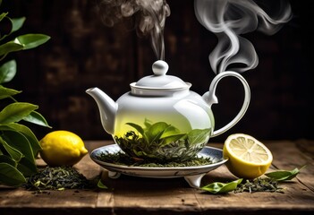 steaming porcelain teapot freshly brewed tea beverage concept, drink, hot, ceramic, liquid, serving, white, aromatic, china, classic, elegant, homemade, shiny