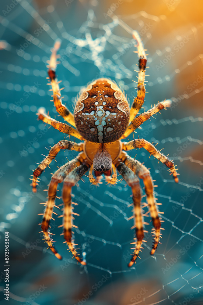 Poster close-up of a spider weaving a web against a backdrop of blue sky, with threads gleaming in the sunl