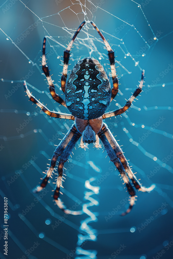 Poster close-up of a spider weaving a web against a backdrop of blue sky, with threads gleaming in the sunl