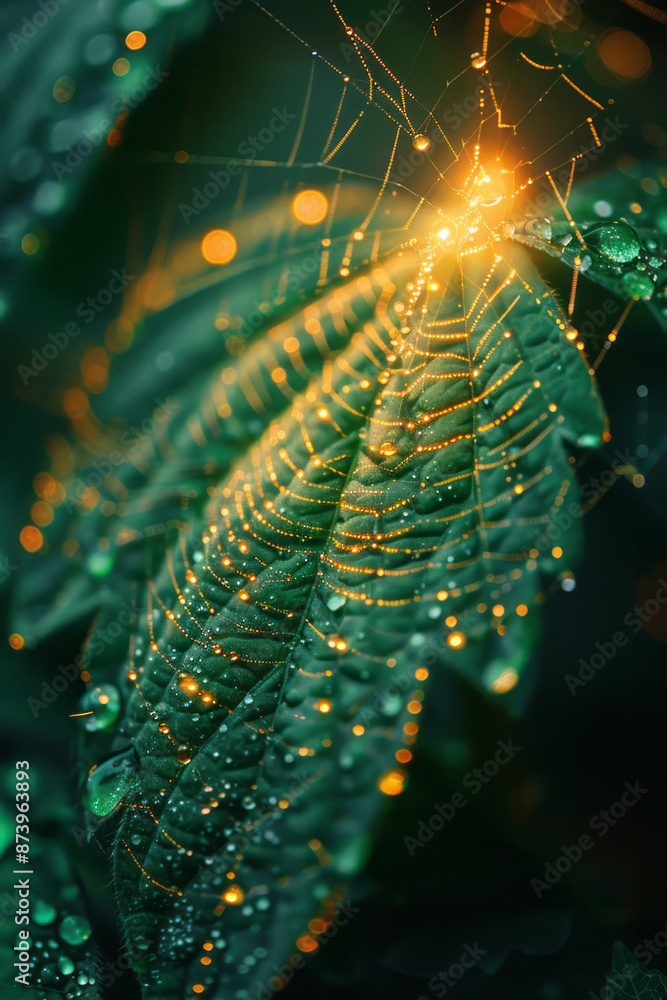Poster macro image of a spiderâ€™s web in a garden, with threads shining in various shades of green and gol