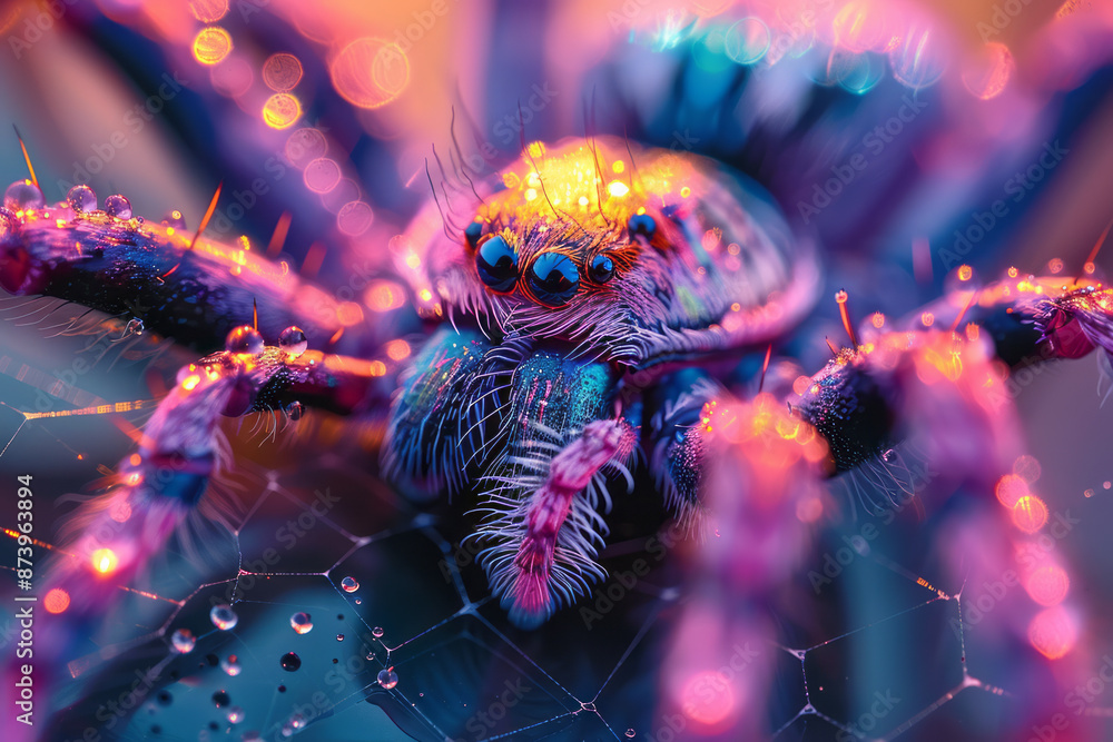 Poster detailed view of a spiderâ€™s web with iridescent strands, capturing the colors of a setting sun,
