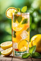 Fototapeta premium refreshing iced tea lemon slices clear summer beverage concept, glass, refreshment, cold, drink, citrus, cubes, cooling, drinkware, seasonal, chilled, translucent, outdoor