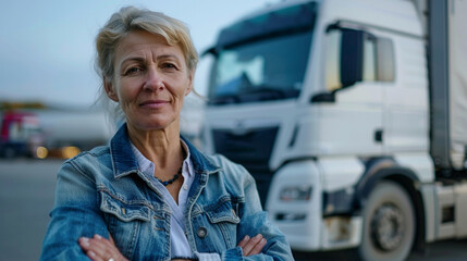 A middle-aged truck driver woman standing in front of his white modern cargo lorry.