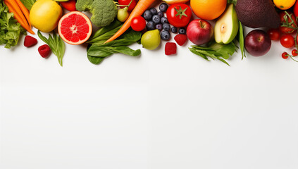 Top view white table full of fruit, vegetables composition vibrant assortment various fresh vegetables background and copy space. 