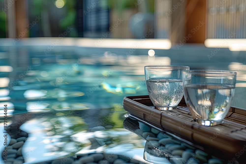 Sticker Two glasses of water are on a tray in a pool