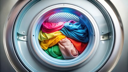 Bright and dreamy image of colorful clothes rotating inside a washing machine drum