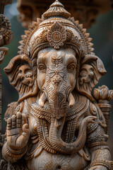 Close-up of an elephant statue with intricate carvings, symbolizing happiness and good fortune,