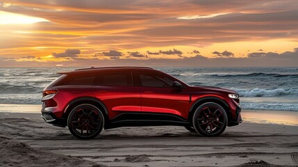 Obraz premium Red SUV parked at the beach during sunset