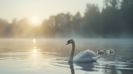 A swan is swimming in a lake with its babies