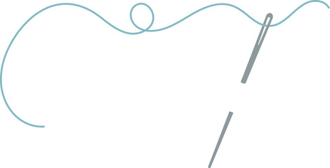 Sewing thread and needle logo, flat fashion accessories element, doodle tailor craft tool object, cartoon dressmaking supplies design, vector embroidery decoration illustration,