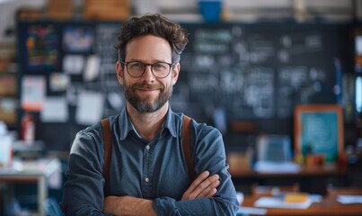 Obraz premium Confident teacher man in classroom