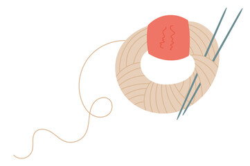 Knit wool ball and needle sticker, doodle tailor accessories element, flat crochet supplies object, cartoon knitting decoration illustration, hand drawn dressmaking tool design,