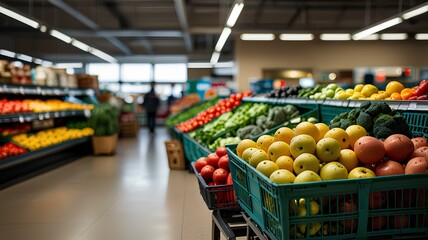 Fresh produce displayed in a supermarket aisle.