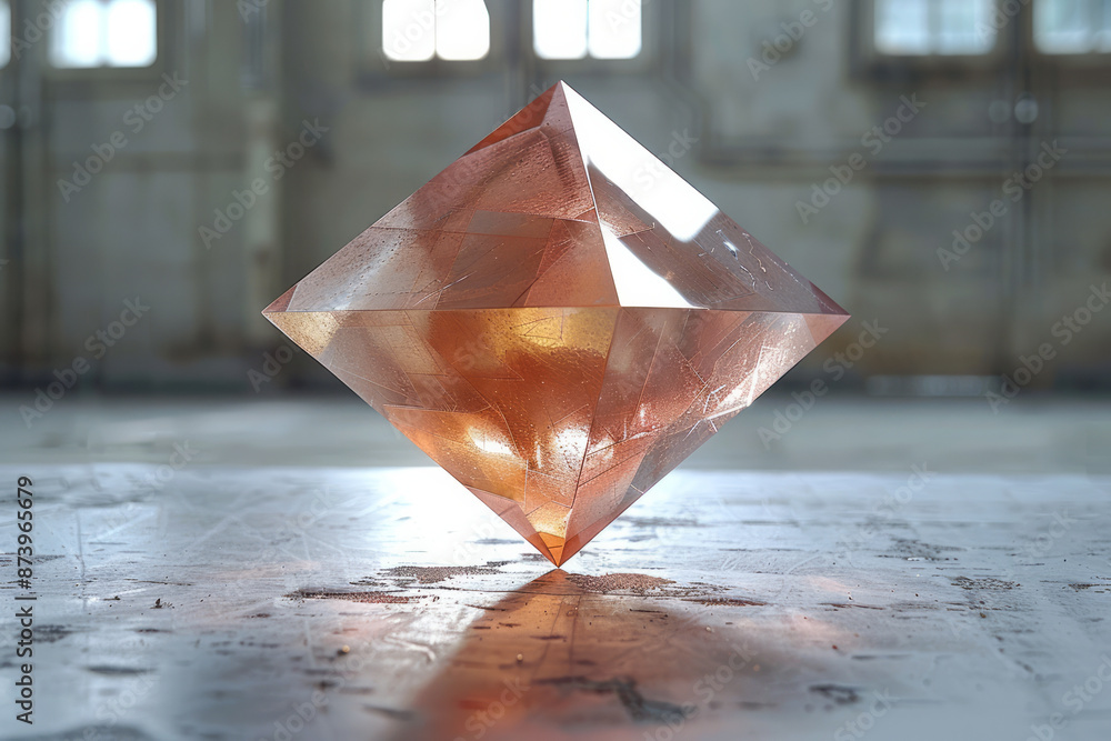 Poster macro view of a rose gold icosahedron floating in mid-air, its shiny texture reflecting light on a w