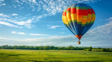 Obraz premium Colourful hot air balloon flying over green field