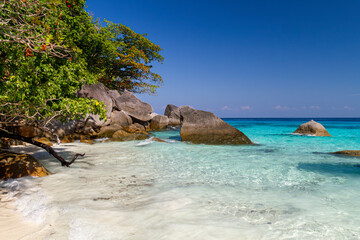 Astonishing rock formation in the Similan Islands National Park in southern Thailand highlights this renowned marine park's natural beauty and geological wonders.