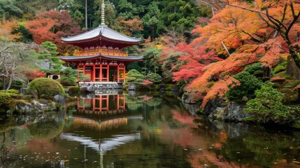 Fototapeta premium Tranquil japanese garden with a temple nestled in the center of a serene pond oasis