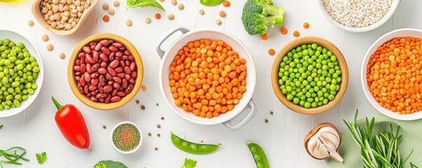 Assortment of legumes, vegetables, and spices on a white background.