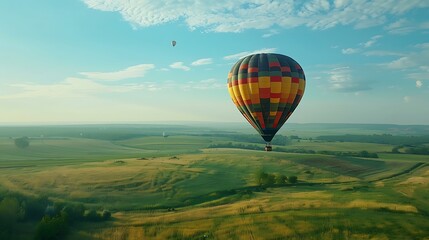Obraz premium Colourful hot air balloon flying over green field