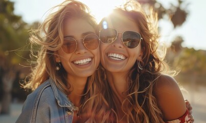 Two friends laughing and posing outdoors enjoying a sunny day