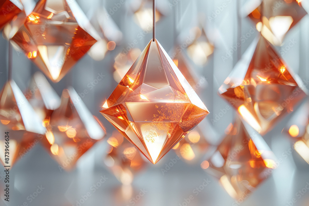 Poster macro view of a series of rose gold pyramids with a glossy finish, suspended in space against a whit