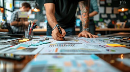 Obraz premium A financial planner meeting with a group of colleagues, collaborating on financial strategies for a large project. The team uses a whiteboard to brainstorm ideas and outline plans. The atmosphere is