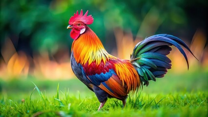 Fototapeta premium Colorful motley bird rooster in profile standing on green grass, Colorful, domestic, rooster, bird, single, profile, breeding