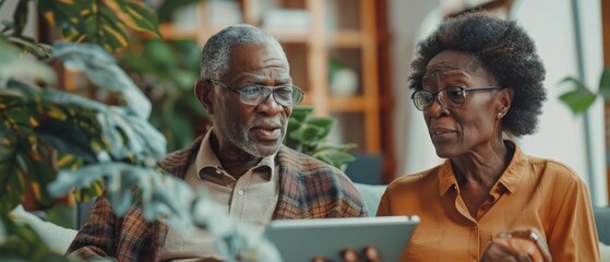 A financial advisor discussing estate planning with an older couple, using a tablet to show different options and scenarios. The couple is attentive and thoughtful, considering their options. The