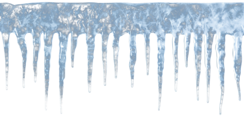 Horizontal formation of icicles on transparent background. Isolated