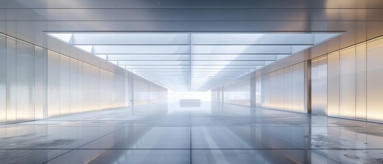 A futuristic and sleek curved corridor with highly reflective surfaces creating a spacious and otherworldly atmosphere.