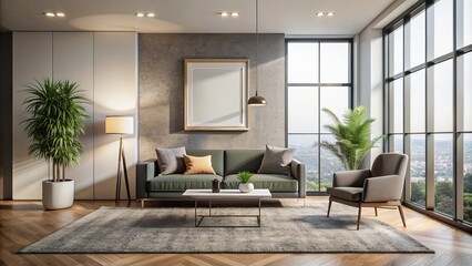 Sophisticated minimalist interior design featuring sleek furniture, soft carpeting, and large window, awaiting personal touch with blank frame centerpiece.