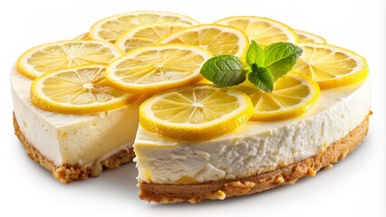 Vibrant yellow lemon slices and creamy white cheese atop a crumbly crust, perfectly illustrated on a transparent background, mouthwateringly fresh.
