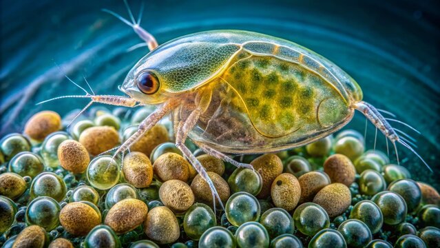 Microscopic view of a female water flea, Daphnia Simocephalus vetulus, with eggs, dwelling in freshwater, magnified branchiopod detail.
