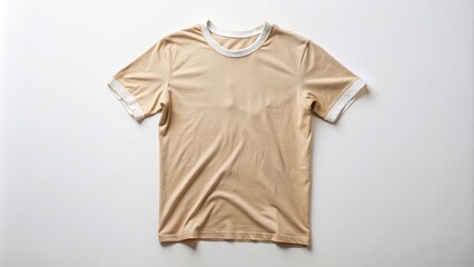 Crisp, blank, and high-contrast, a solitary beige t-shirt mockup lies flat against a pristine white background, awaiting customization.