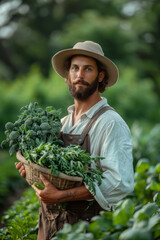 Detailed view of a farmer holding fresh produce, standing in a bright, green field,