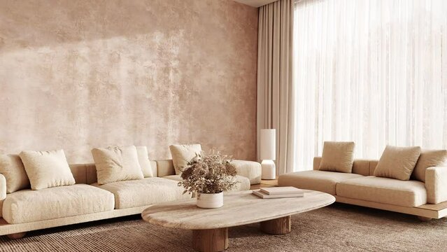 Living room with two couches, coffee table, plant, and flower. High quality 4k footage