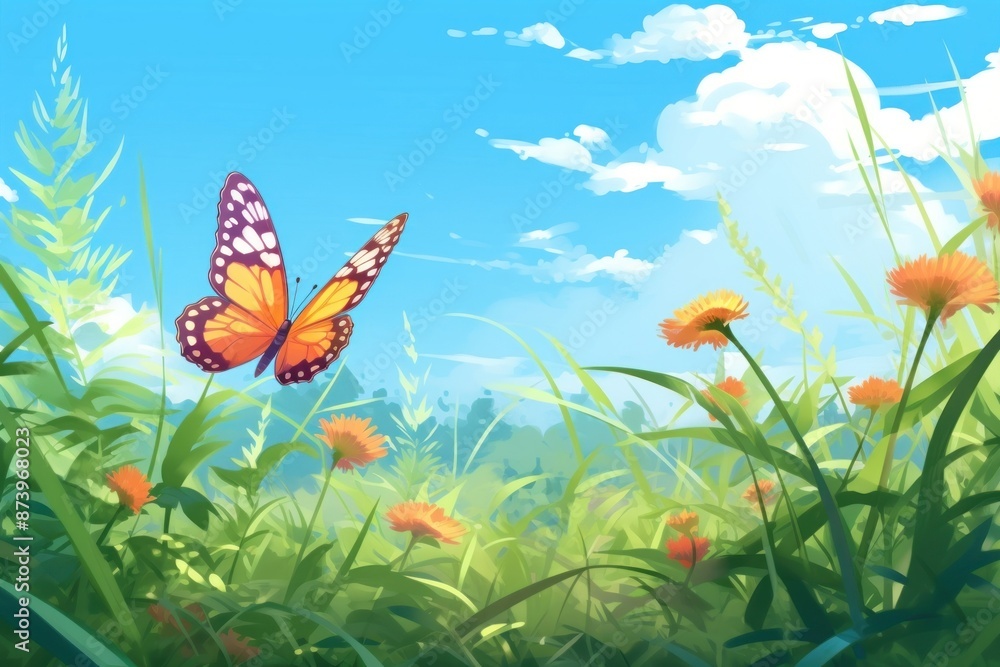 Poster Meadow grass butterfly landscape.